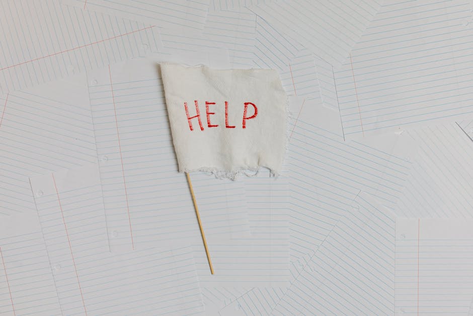 A small, torn piece of white fabric with the word 'HELP' embroidered in red thread, attached to a thin wooden stick, resting on a background of lined paper with grid and graph patterns. The fabric appears worn and slightly frayed at the edges, and the scene is evenly lit with a neutral tone. The setting suggests a call for assistance, depicted in a simple, uncluttered manner, representing the need for emergency support or urgent attention, consistent with themes of urgent cleaning or stain removal.
