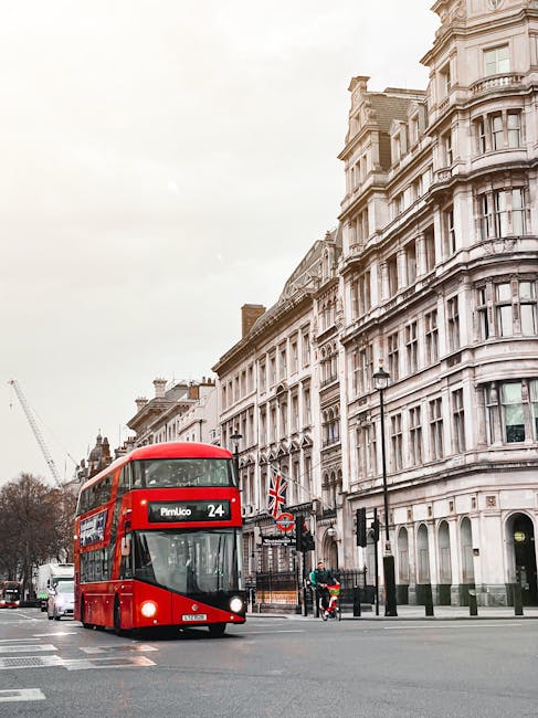 A red double-decker bus with route number 24 and destination 'Pimlico' is traveling along a city street in Westminster, London. The street is lined with historic, white-stone buildings featuring large windows, decorative cornices, and ornate architectural details. The road surface appears clean and smooth, with pedestrian crossings visible in the foreground. Street lamps and signage are present, and a cyclist is riding along the curb. The scene is captured during daytime under overcast or partly cloudy weather, with soft, diffuse natural light. Pimlico Carpet Cleaning emphasizes surface cleaning and deep cleaning services in Westminster, ensuring hygienic and well-maintained environments aligned with local regulations, such as Westminster Council carpet waste rules for Pimlico.